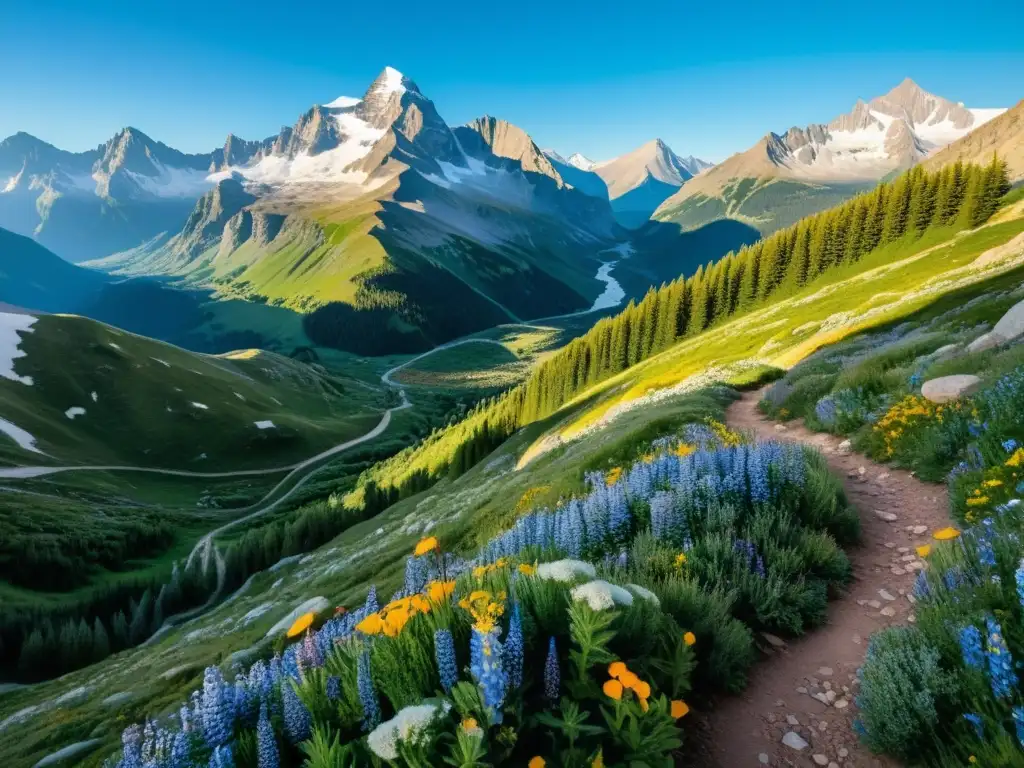 Imagen en 8k de paisaje montañoso con flora alpina y sendero