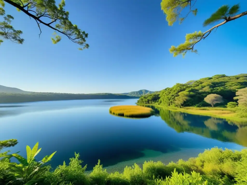 Imagen de un paisaje natural sereno e intacto, con exuberante vegetación, cielos azules y agua cristalina, irradiando armonía y equilibrio ambiental