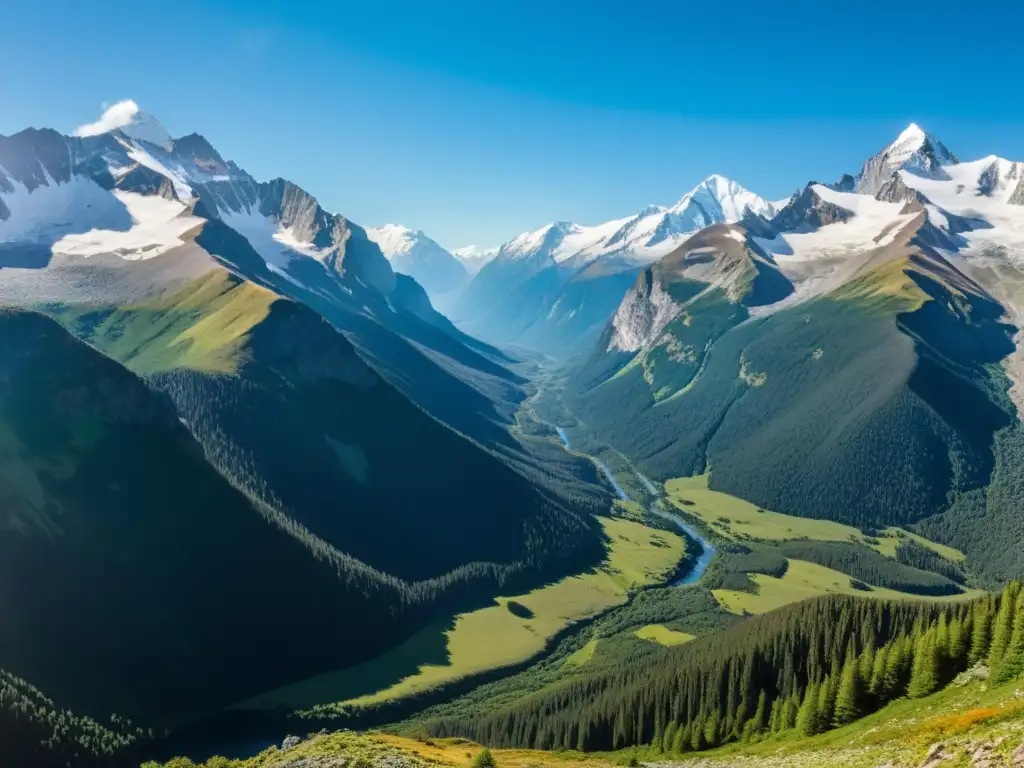 Imagen de un paisaje de montaña con picos nevados y diversa vida, mostrando la adaptación al cambio climático en ecosistemas de montaña