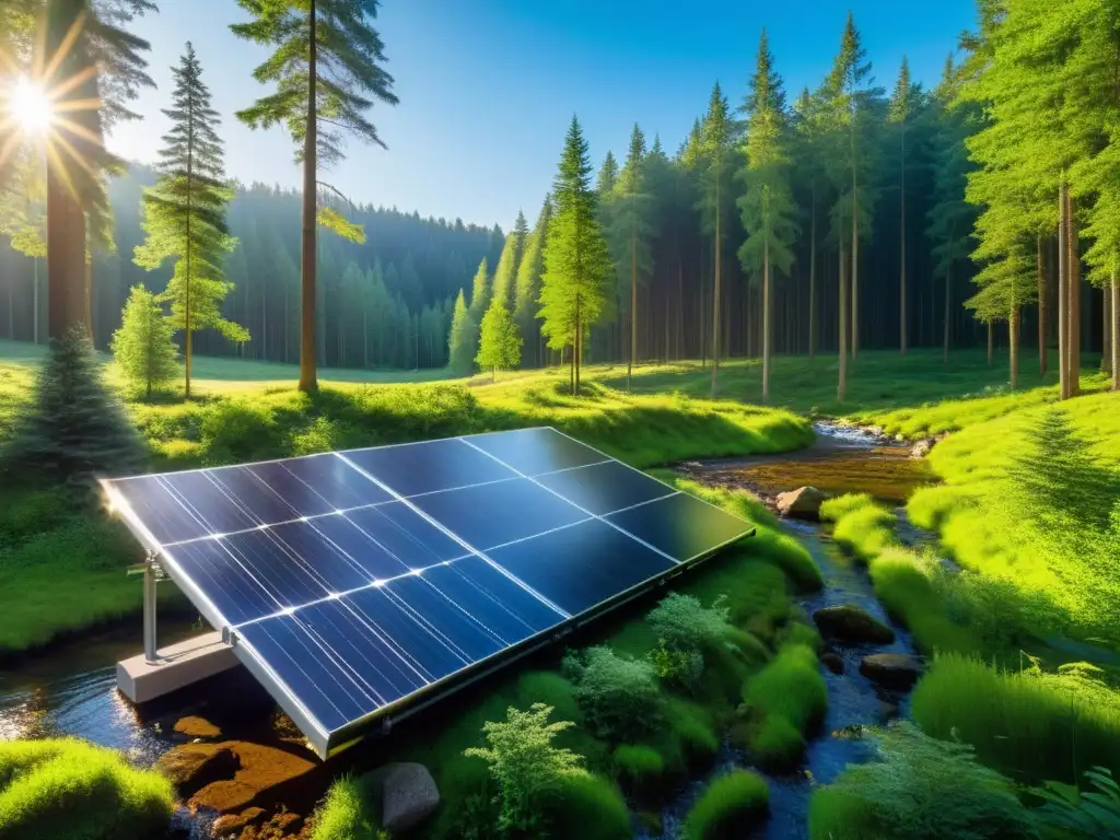 Bosque solar: armonía natural y energía renovable Imagen de un paisaje sereno con un bosque exuberante, un arroyo y paneles solares integrados en armonía con la naturaleza