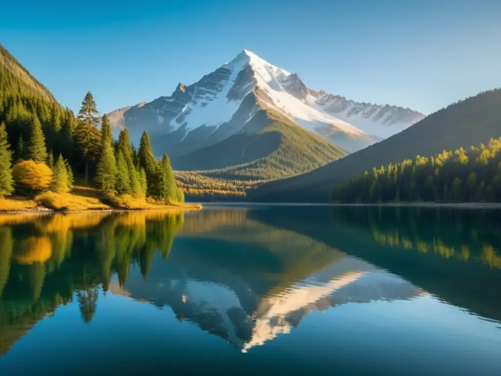 Imagen de un paisaje sereno y natural, con un lago cristalino y picos nevados