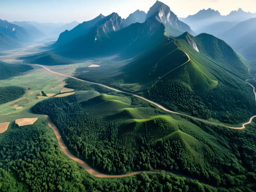 Imagen panorámica de impacto humano en montañas, mostrando deforestación, minería y senderos