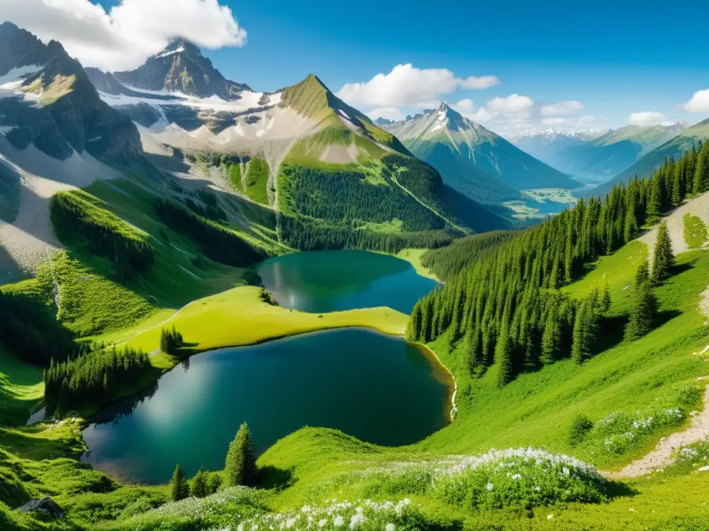 Imagen panorámica de un paisaje montañoso exuberante, con un lago alpino y picos nevados