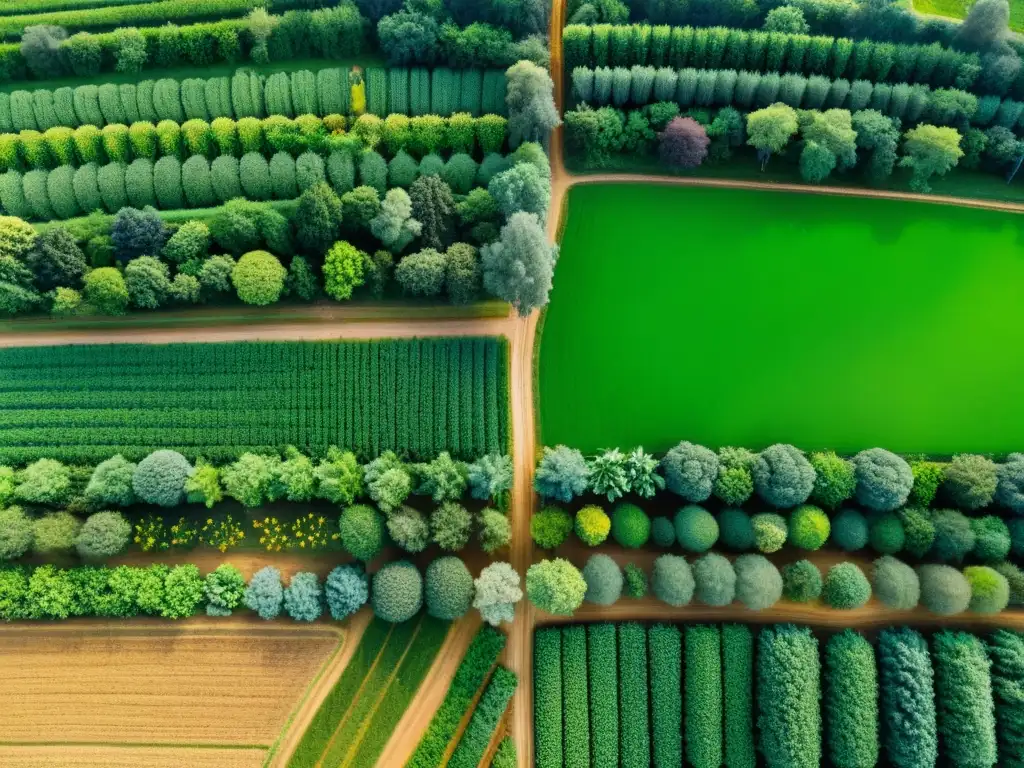 Imagen panorámica de un sistema agroforestal exuberante y biodiverso, ilustrando prácticas agrícolas sostenibles para ecosistemas