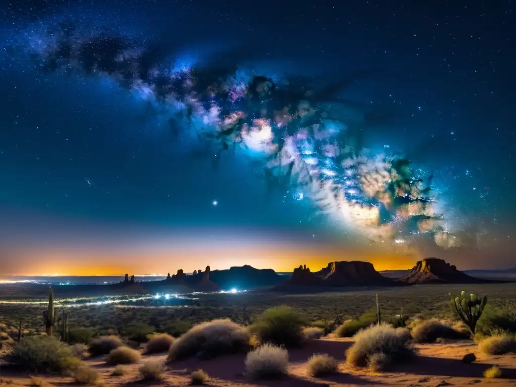 Imagen panorámica de un vasto paisaje desértico nocturno con la Vía Láctea en el cielo