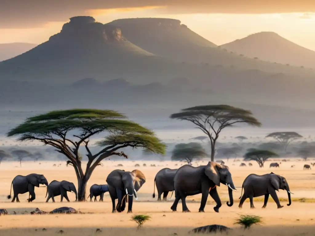 Imagen en 8k del Parque Nacional del Serengeti al amanecer, con elefantes, cebras y ñus en la sabana