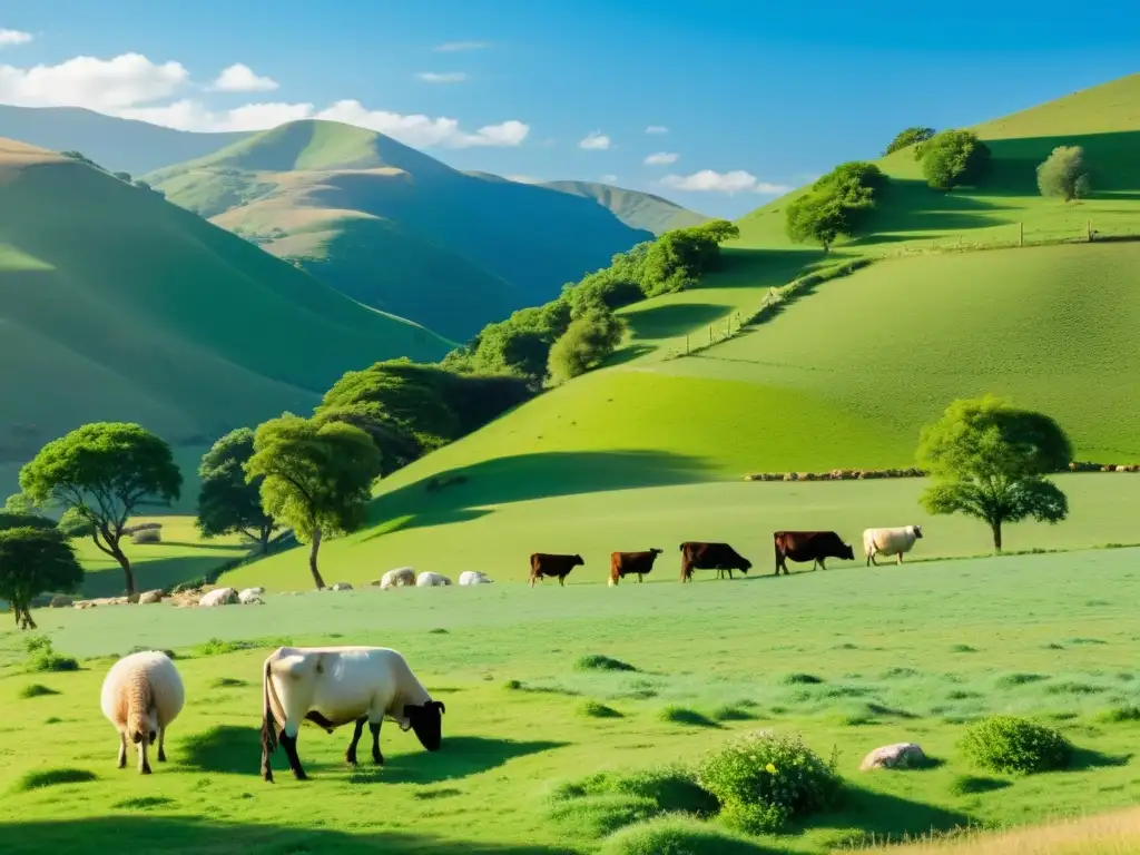 Imagen de pastizales exuberantes con rumiantes pacíficos y su impacto en la vegetación, creando un paisaje armonioso