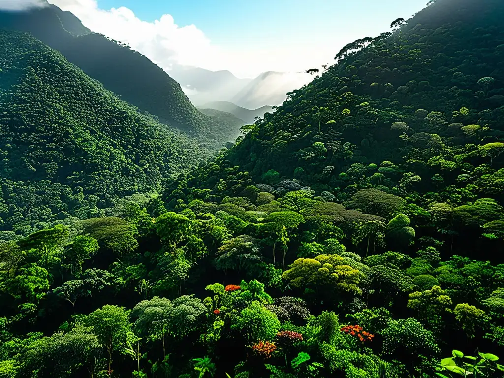 Imagen de plantas medicinales tribus selváticas en exuberante y diversa selva amazónica, con luz filtrándose a través del dosel