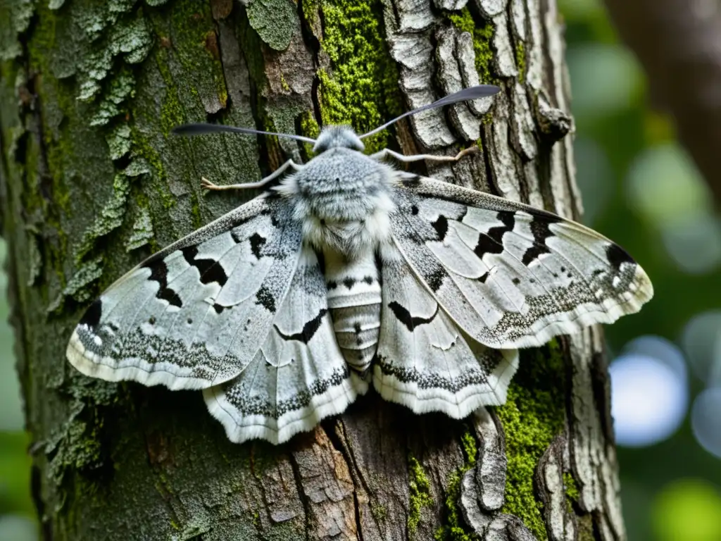 La imagen muestra una polilla descansando en un árbol, con sus alas mimetizadas con la corteza