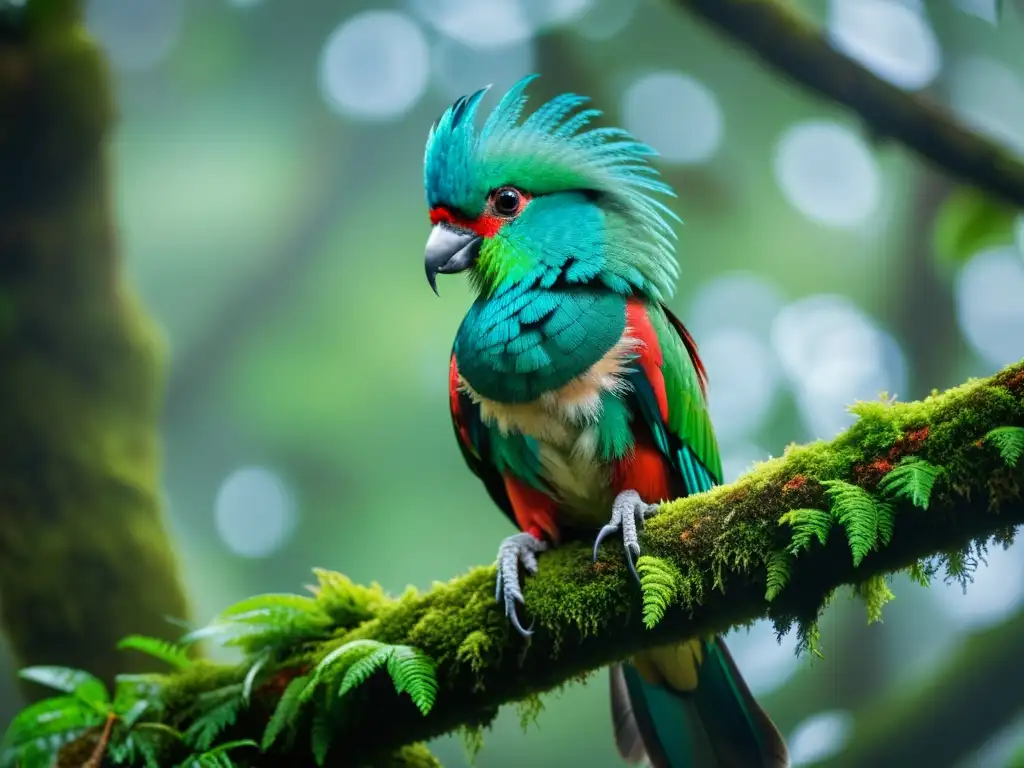 Imagen de un quetzal resplandeciente en rama cubierta de musgo en el bosque nuboso, capturando la belleza de las aves del manto nuboso