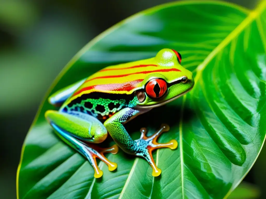 Imagen de una rana arborícola de ojos rojos en una hoja verde en la selva tropical, mostrando el rol de los anfibios en ecosistemas