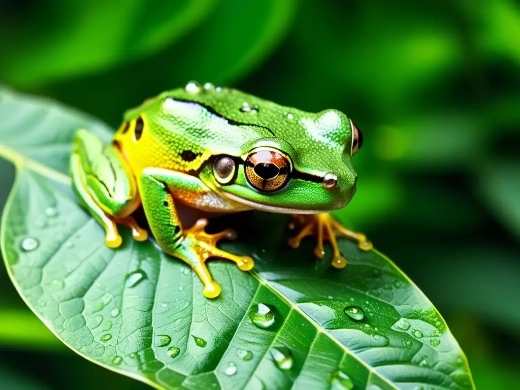 Imagen de una rana arbórea verde vibrante en una hoja lluviosa en la selva tropical