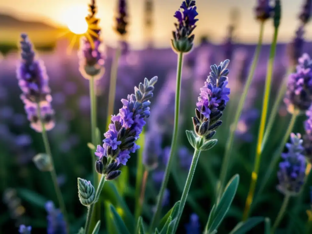 Imagen de alta resolución de un campo de lavanda orgánica, con flores moradas y abejas