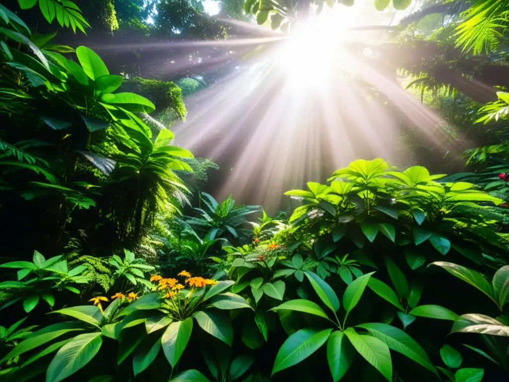 Imagen de alta resolución de un exuberante bosque lluvioso, con detalle en la vegetación y vida animal