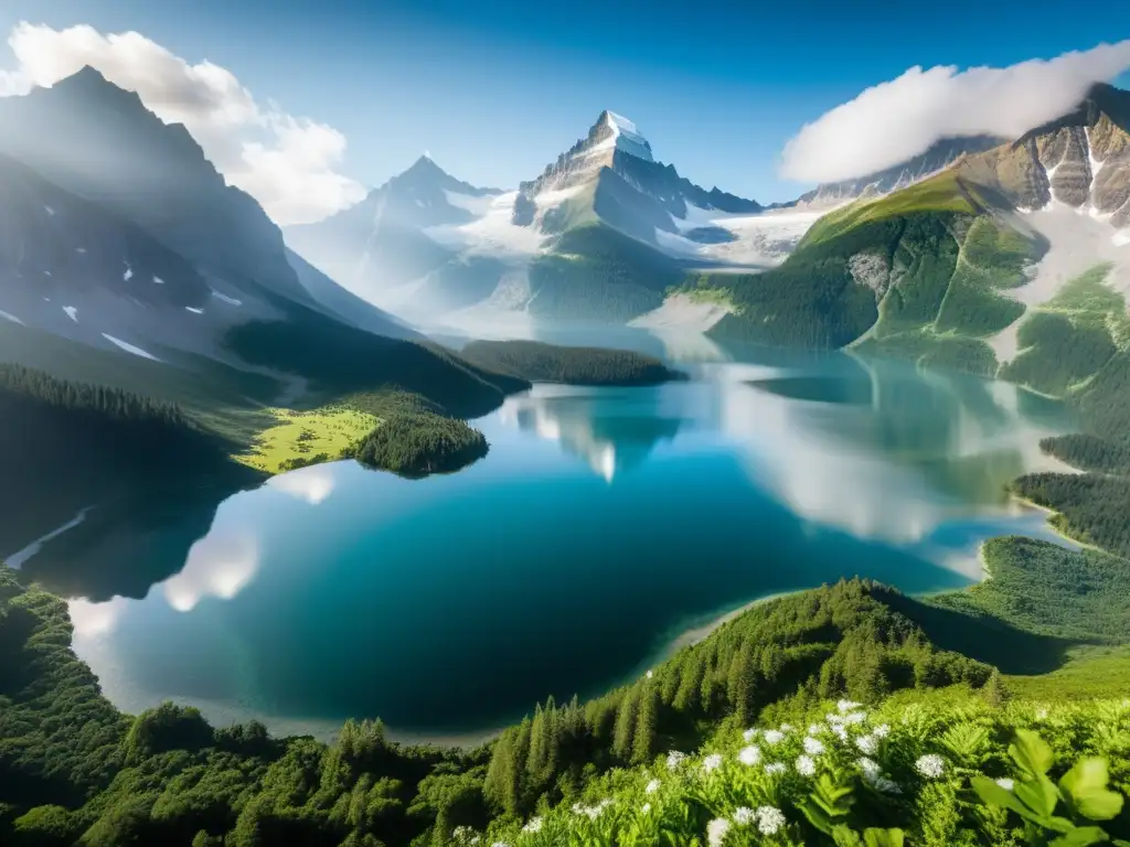 Imagen de alta resolución de un impresionante paisaje montañoso envuelto en niebla, con un lago alpino cristalino y picos nevados