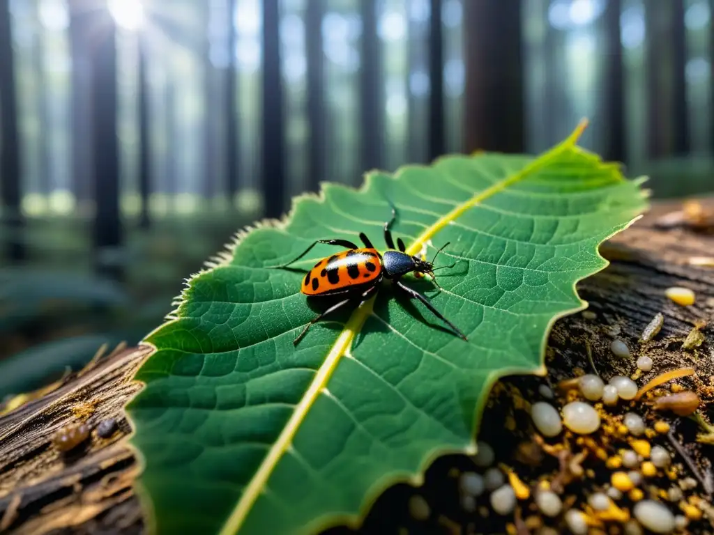 Una imagen de alta resolución muestra la influencia del calentamiento en redes tróficas, con detalles de insectos, plantas y hongos en un bosque soleado