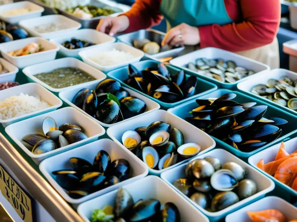 Una imagen de alta resolución de un mercado de mariscos sostenible, con productos frescos y vibrantes en hielo