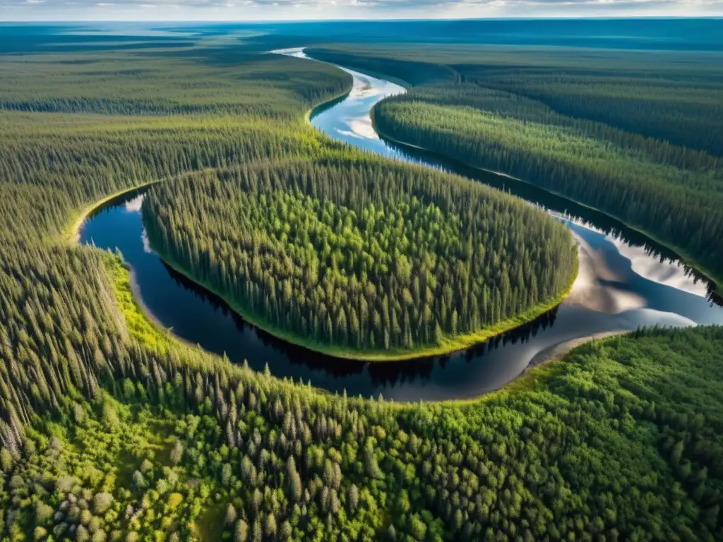 Imagen de un retiro ecológico en la impresionante Taiga Siberiana, con densos bosques de coníferas, río cristalino y luz filtrándose entre los árboles