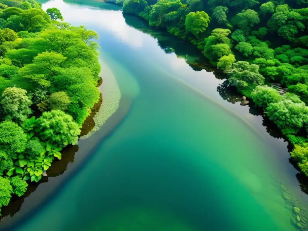 Imagen de un río cristalino serpenteando entre un exuberante bosque, creando un efecto hipnotizante