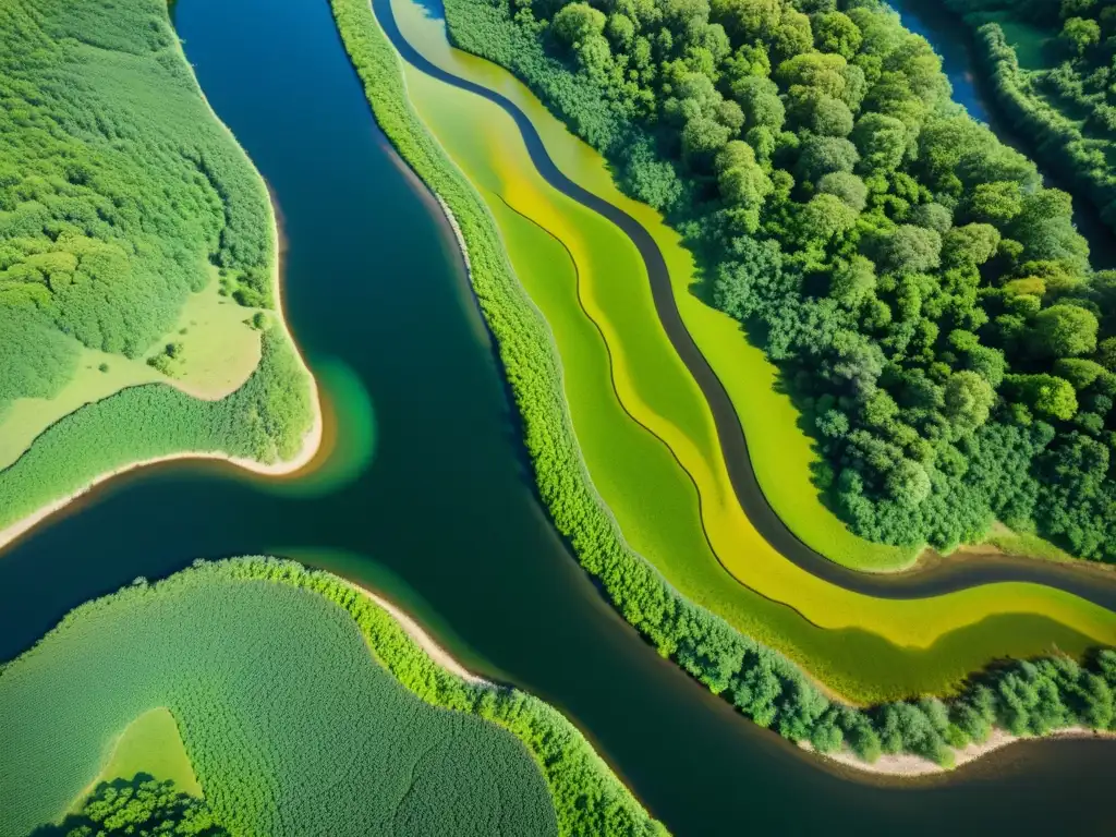 Imagen de un río serpenteante atravesando un exuberante paisaje verde, con el sol proyectando largas sombras sobre su superficie