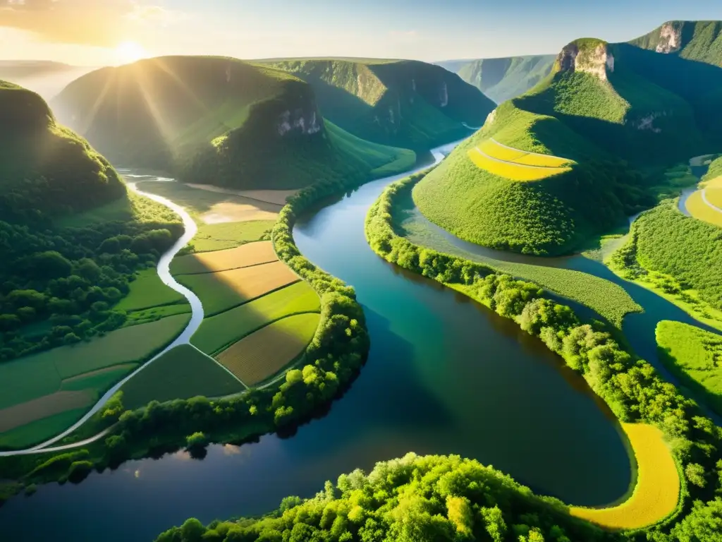 Imagen de un río serpenteando a través de un valle exuberante, con el sol dorado sobre el agua