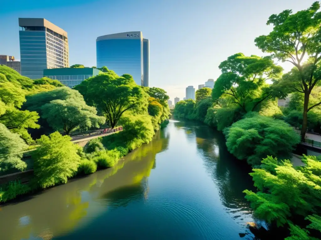 Imagen de un río urbano renaturalizado, rebosante de vida natural y serenidad, mostrando los beneficios de la renaturalización de ríos urbanos