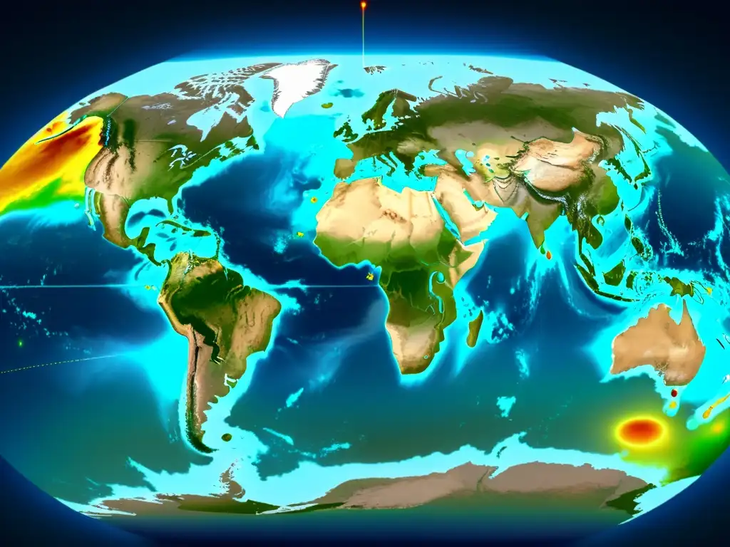 Imagen satelital de alta resolución muestra la atmósfera terrestre con concentraciones visibles de gases de efecto invernadero, destacando la diversa distribución e impacto de múltiples gases como CO2, metano y óxido nitroso