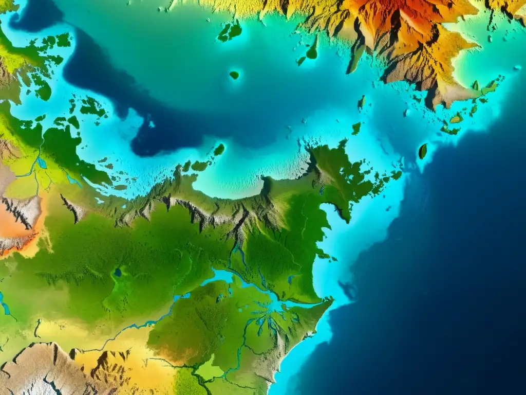 Imagen satelital de alta resolución de Pangea, mostrando continentes interconectados y la evolución de los ecosistemas por tectónica