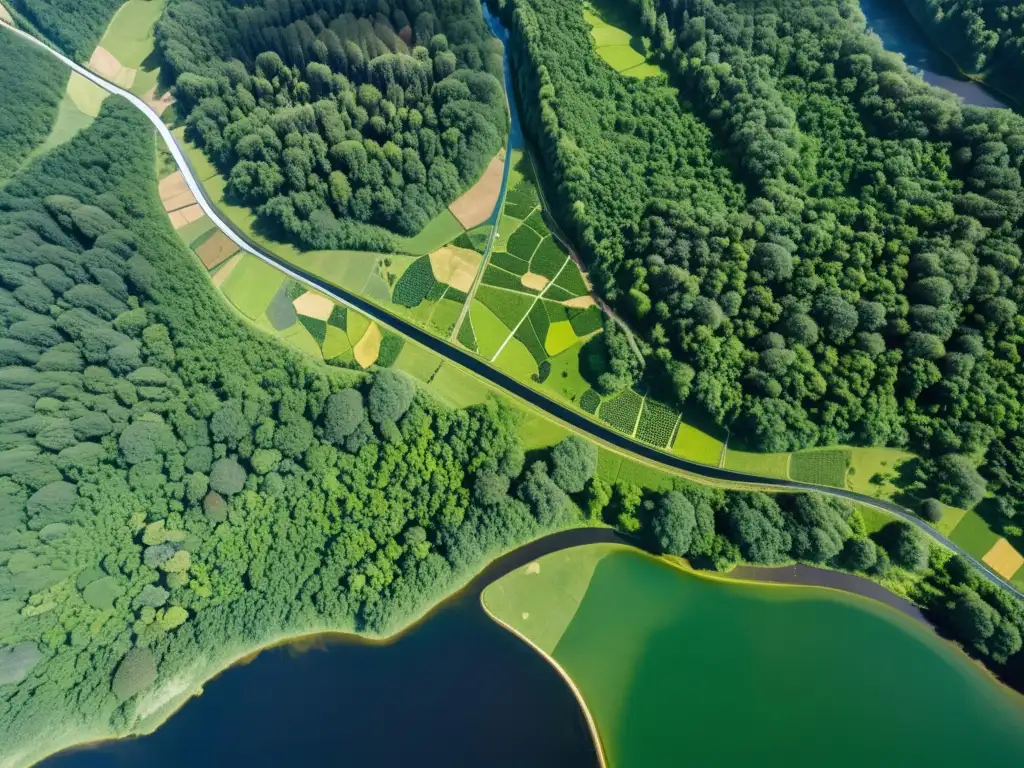 Imagen satelital de desarrollo sostenible con exuberante bosque, ríos, y energía renovable en armonía con la naturaleza