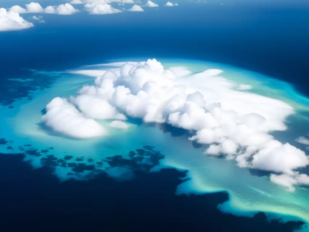 Imagen satelital de nubes sobre el vasto océano, con luz filtrándose y creando un espectáculo de colores en el agua