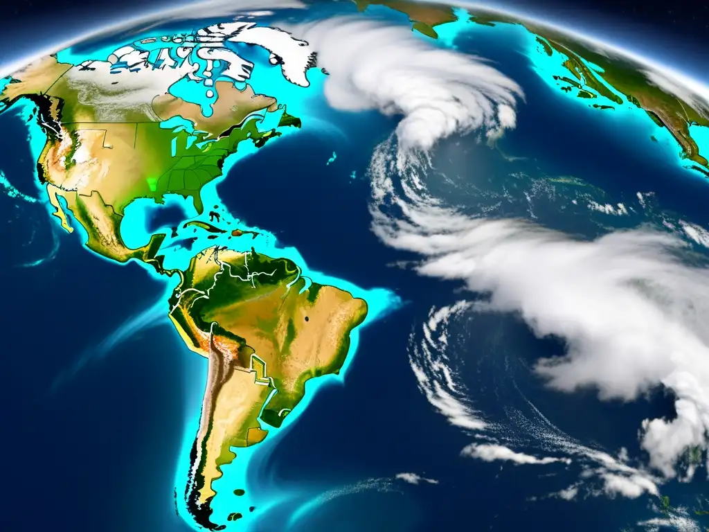 Imagen satelital que muestra patrones climáticos globales con nubes en remolino, tormentas intensas y límites atmosféricos claros, interpretando predicciones de modelos climáticos