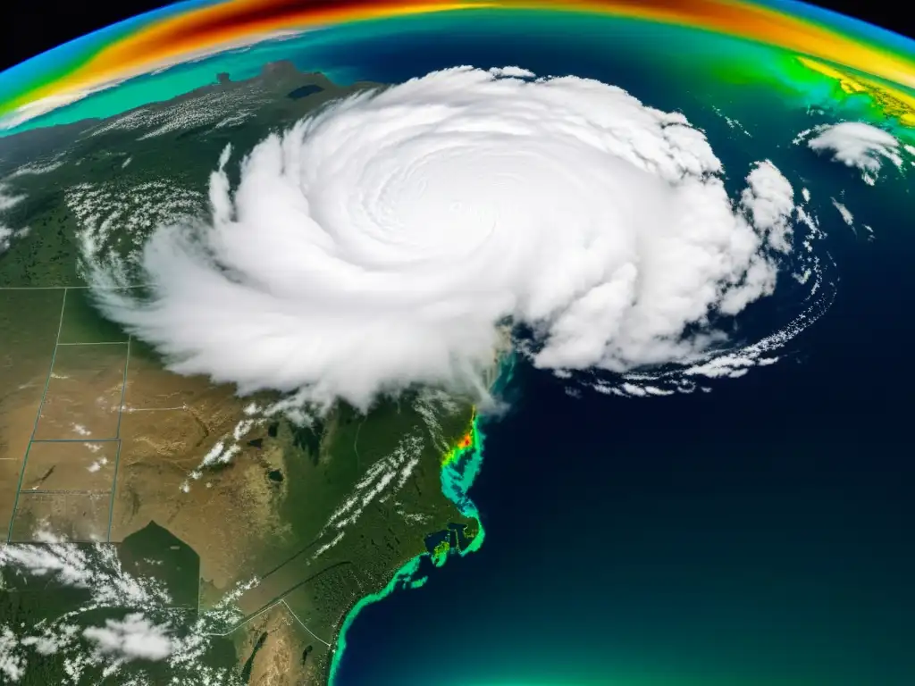 Imagen satelital de alta resolución que muestra avances en modelado climático con tecnología, destacando complejas formaciones y patrones atmosféricos