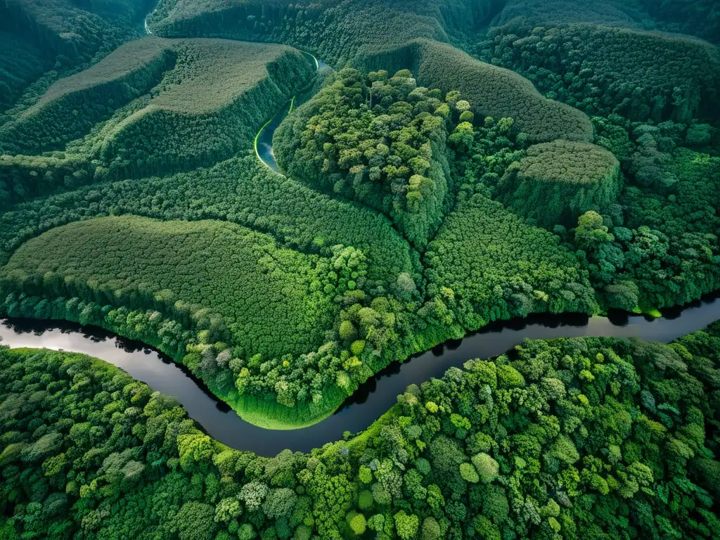 Imagen satelital de alta resolución de exuberante selva verde con ríos serpenteantes y diversa flora y fauna