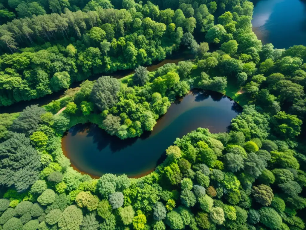 Imagen satelital de alta resolución mostrando un exuberante bosque con un río serpenteando