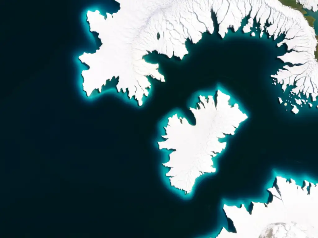 Imagen satelital de alta resolución que muestra el impacto visible del cambio climático con el derretimiento de los casquetes polares y el aumento del nivel del mar, enfatizando la urgencia de un análisis crítico sobre la fiabilidad de las predicciones climáticas