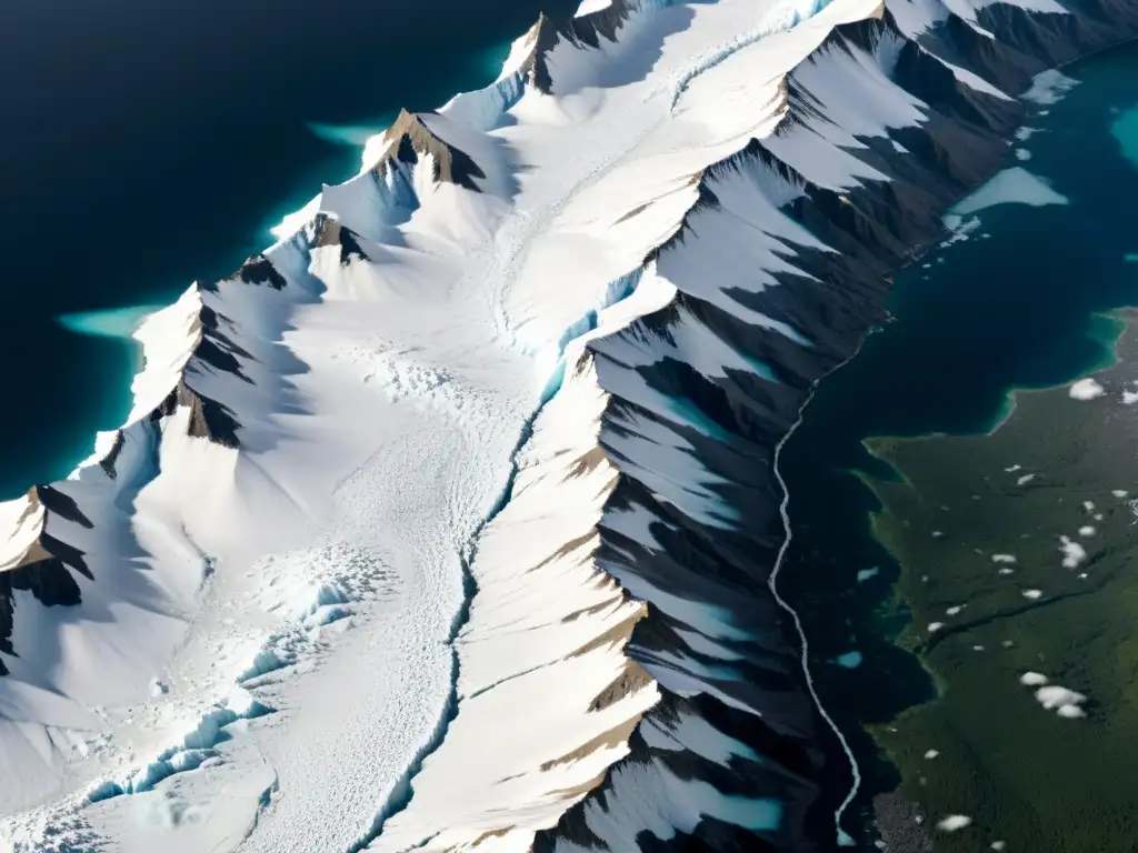 Imagen satelital de alta resolución que muestra el impacto del cambio climático en la región polar, con el dramático retroceso de un glaciar y el evidente derretimiento del hielo, ilustrando la urgencia de tomar decisiones medioambientales basadas en predicciones de impacto climático