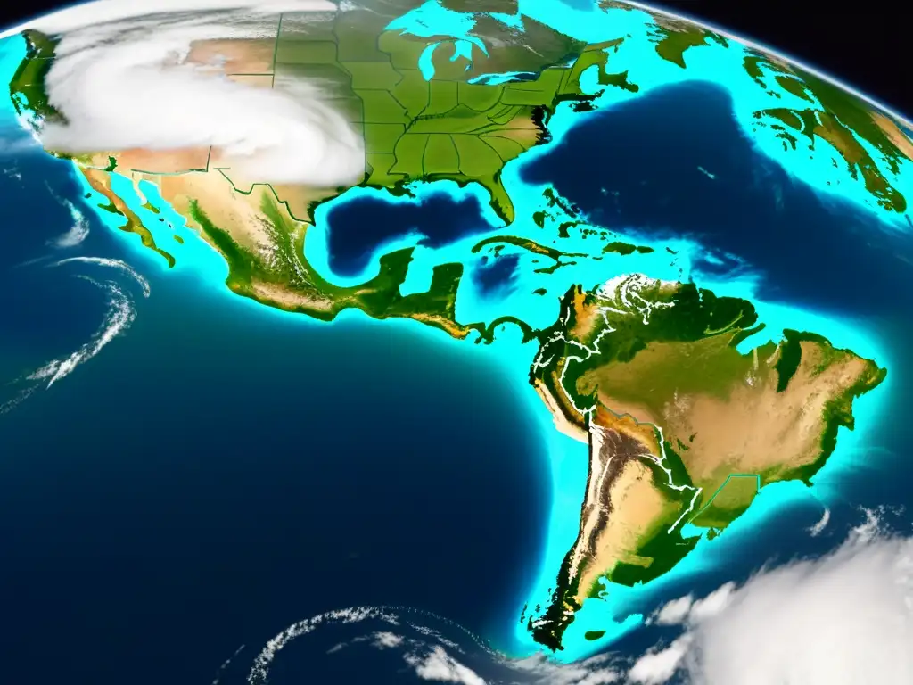 Imagen satelital de alta resolución mostrando patrones climáticos y tormentas, destacando la interconexión entre clima y salud pública, evidenciando los efectos del cambio climático en la salud