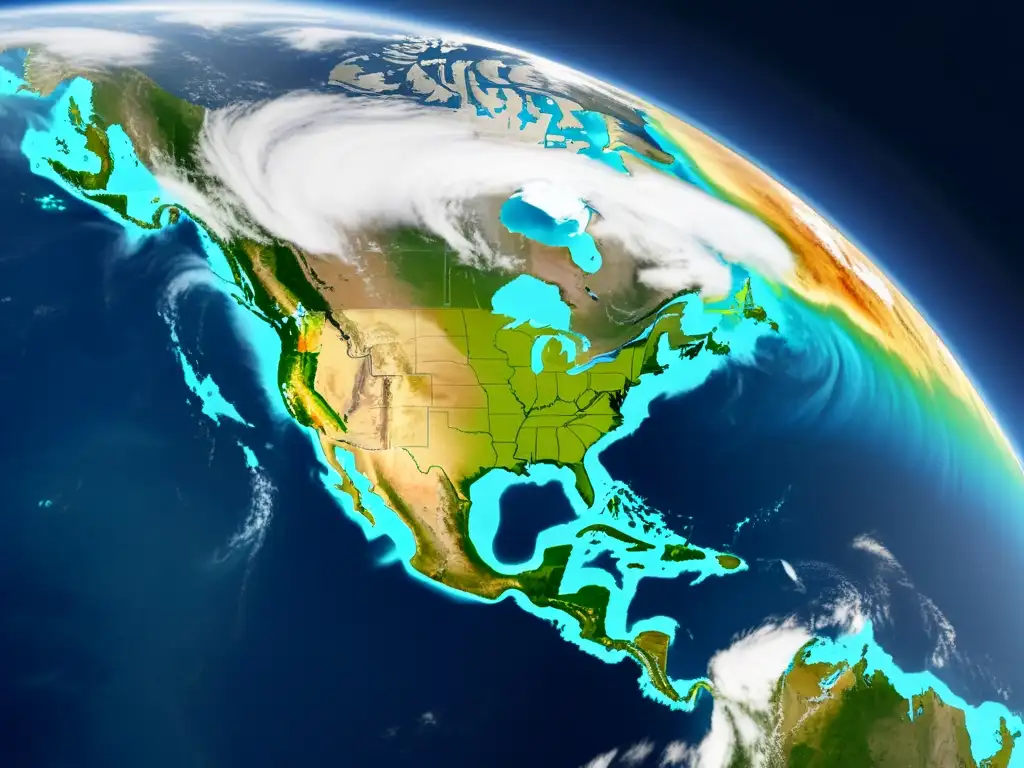 Imagen satelital de la Tierra con patrones climáticos, huracanes, casquetes polares y formaciones de nubes