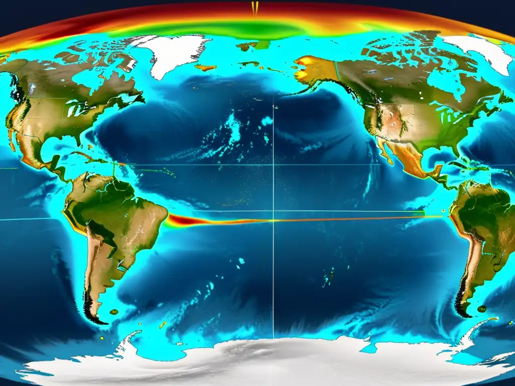 Imagen de satélite mostrando anomalías de temperatura global a lo largo del siglo pasado, interpretando predicciones de modelos climáticos