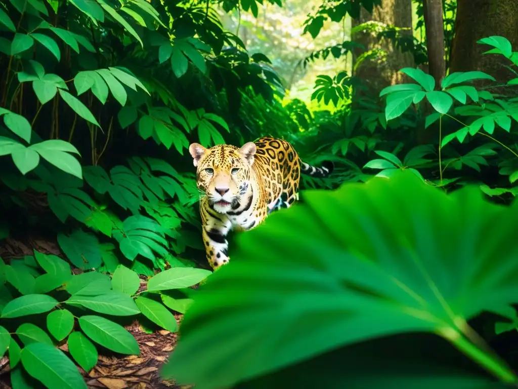 Imagen de una selva exuberante con luz solar filtrándose entre el dosel, revelando una jaguar en su hábitat natural