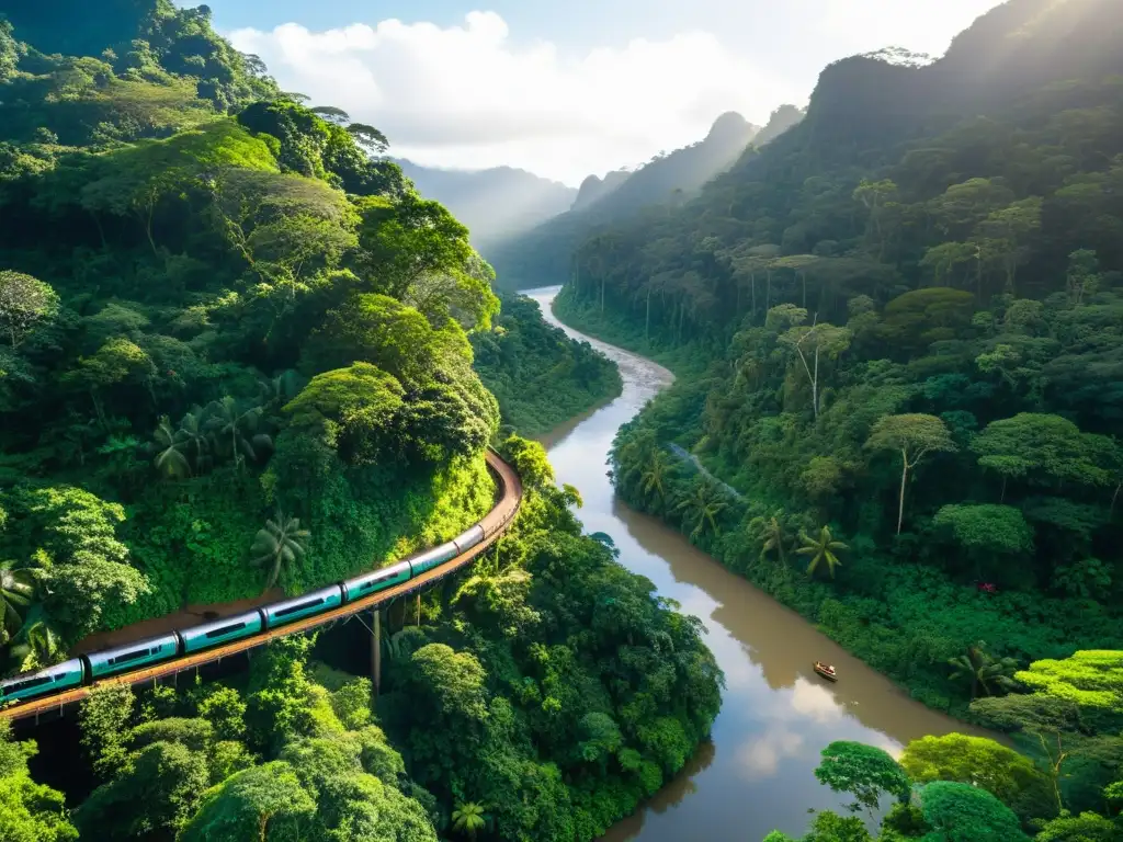 Imagen de selva tropical con río, viajeros sostenibles en proyecto ecológico de turismo conservación