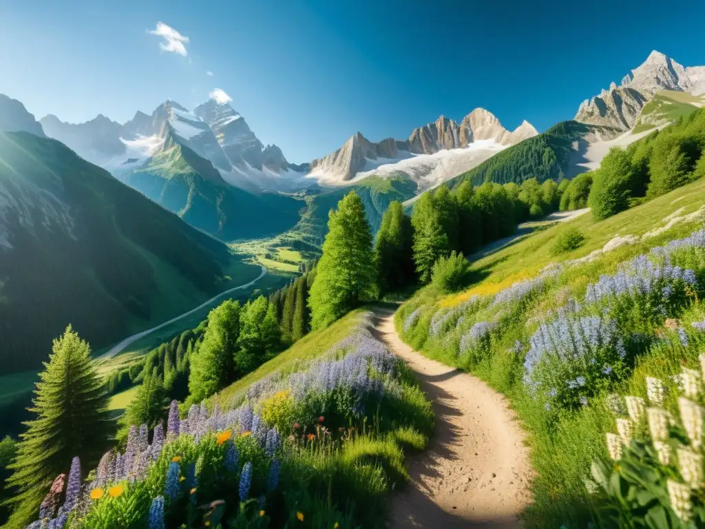 Senderismo en los Alpes: Naturaleza exuberante y majestuosas cumbres Imagen de senderismo en los Alpes respetuoso: majestuosos picos nevados, sendero serpenteante, hikers en armonía con la naturaleza