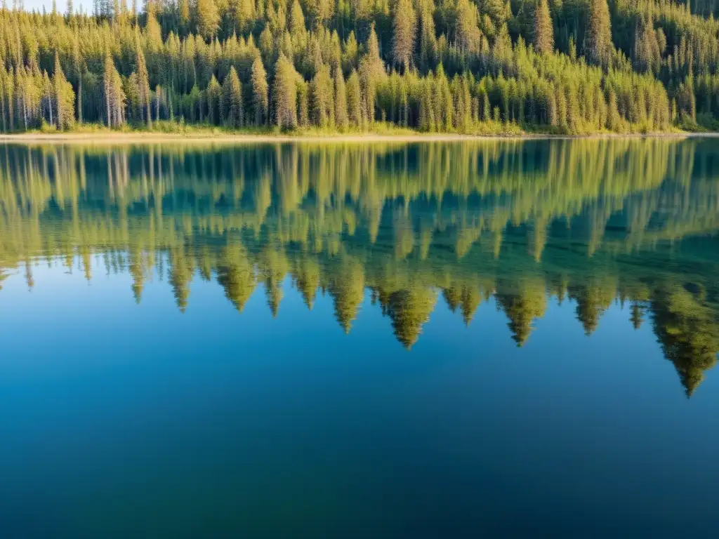 Imagen de un sereno lago cristalino rodeado de altos árboles en la taiga, reflejando la exuberante vegetación y el cielo azul