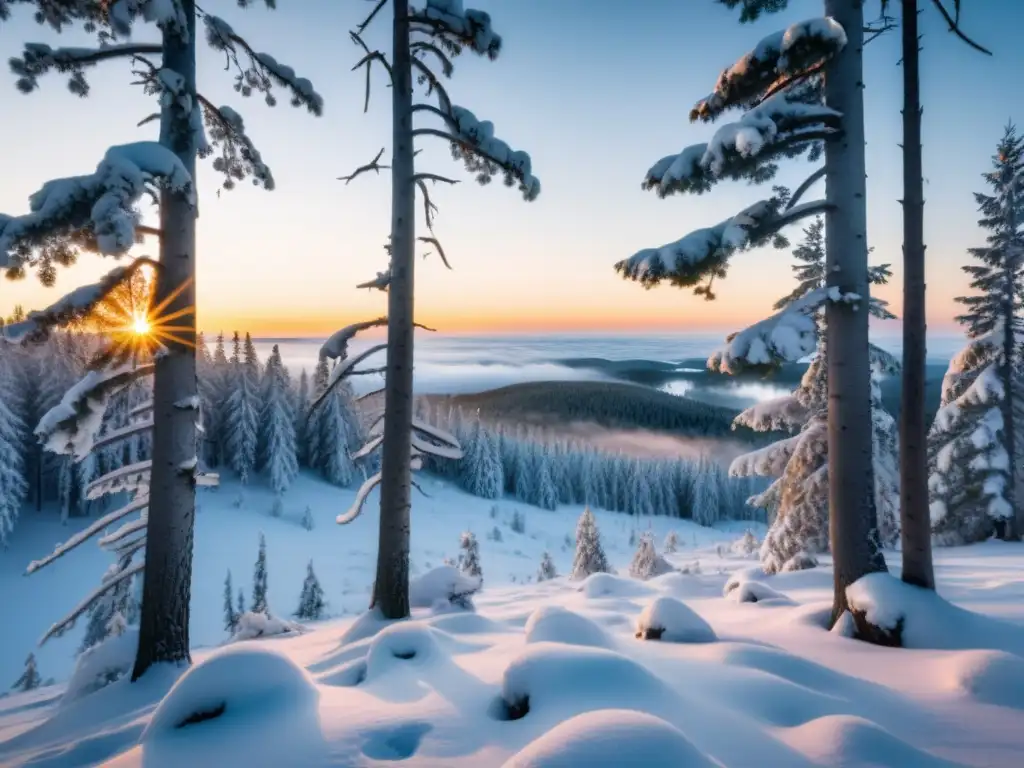 Imagen 8k del sereno bosque boreal al amanecer, con la luz dorada del sol filtrándose entre los árboles