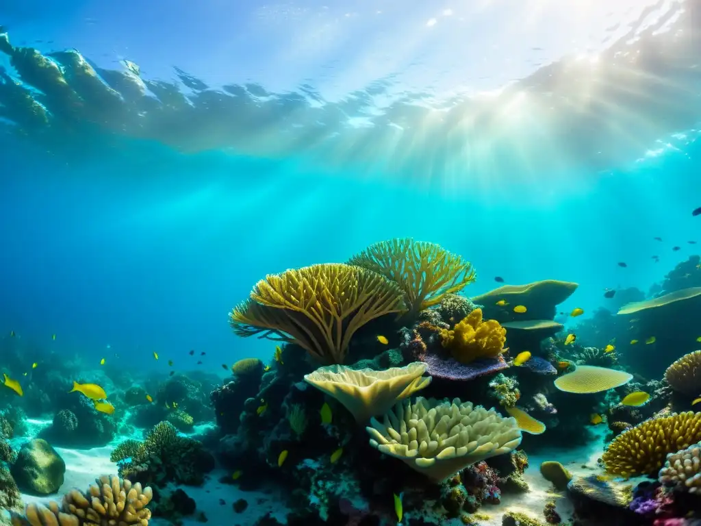 Imagen submarina: un arrecife de coral vibrante, peces coloridos y plantas marinas