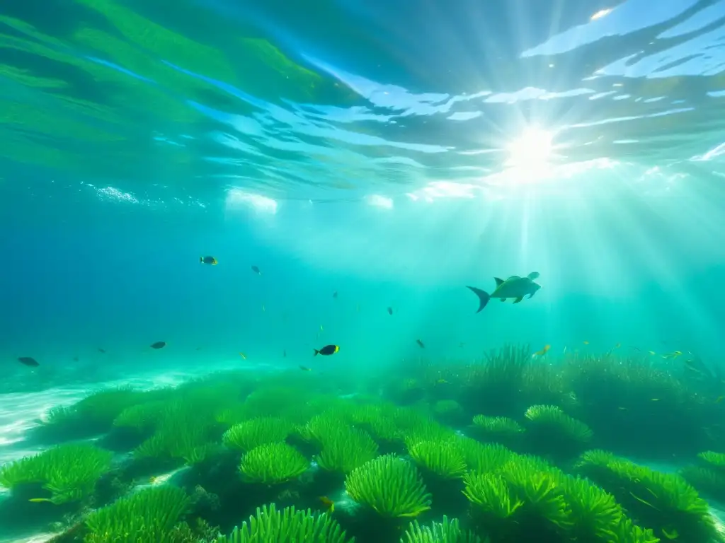 Imagen submarina de una pradera marina vibrante y exuberante, con vida marina diversa