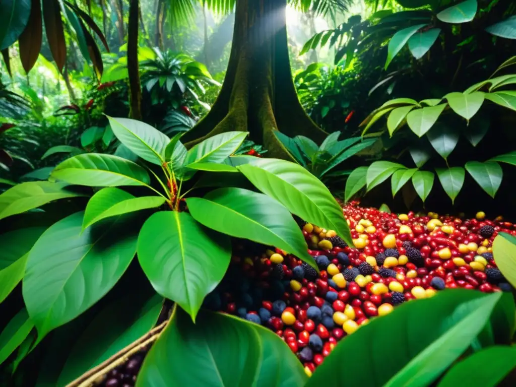 Imagen de superalimentos orgánicos exóticos en un exuberante bosque tropical, destacando la conservación de ecosistemas