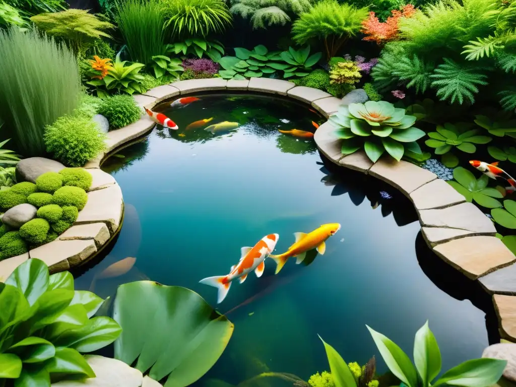 Imagen de un tranquilo jardín con ecosistema acuático, estanque cristalino y peces koi entre plantas acuáticas
