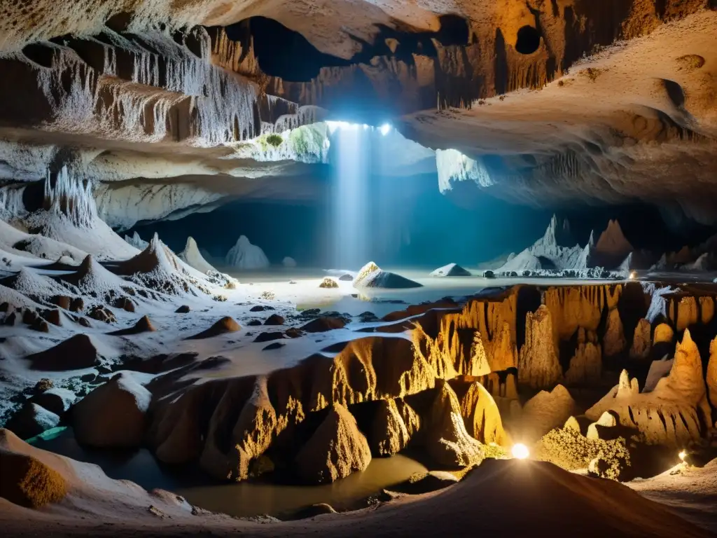 Imagen de una vasta cueva subterránea con formaciones rocosas detalladas, estalactitas y estalagmitas iluminadas por la tenue luz