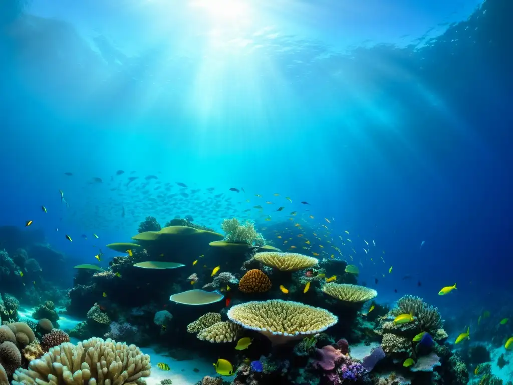 Imagen de un vasto y profundo océano con aguas cristalinas, un arrecife de coral expansivo lleno de peces coloridos y vida marina